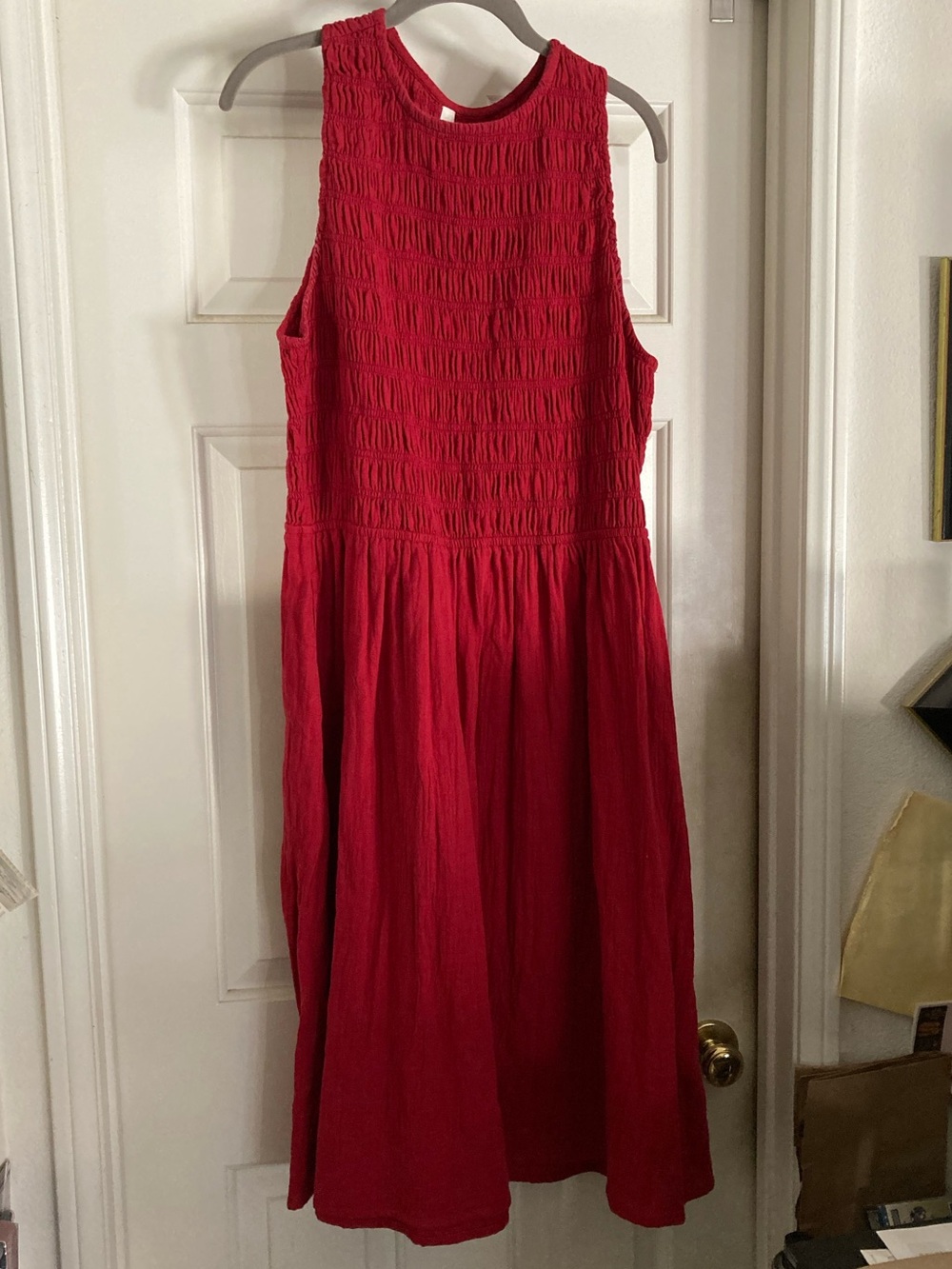 PACT-Red Sleeveless Smocked Bodice Midi Dress - Women